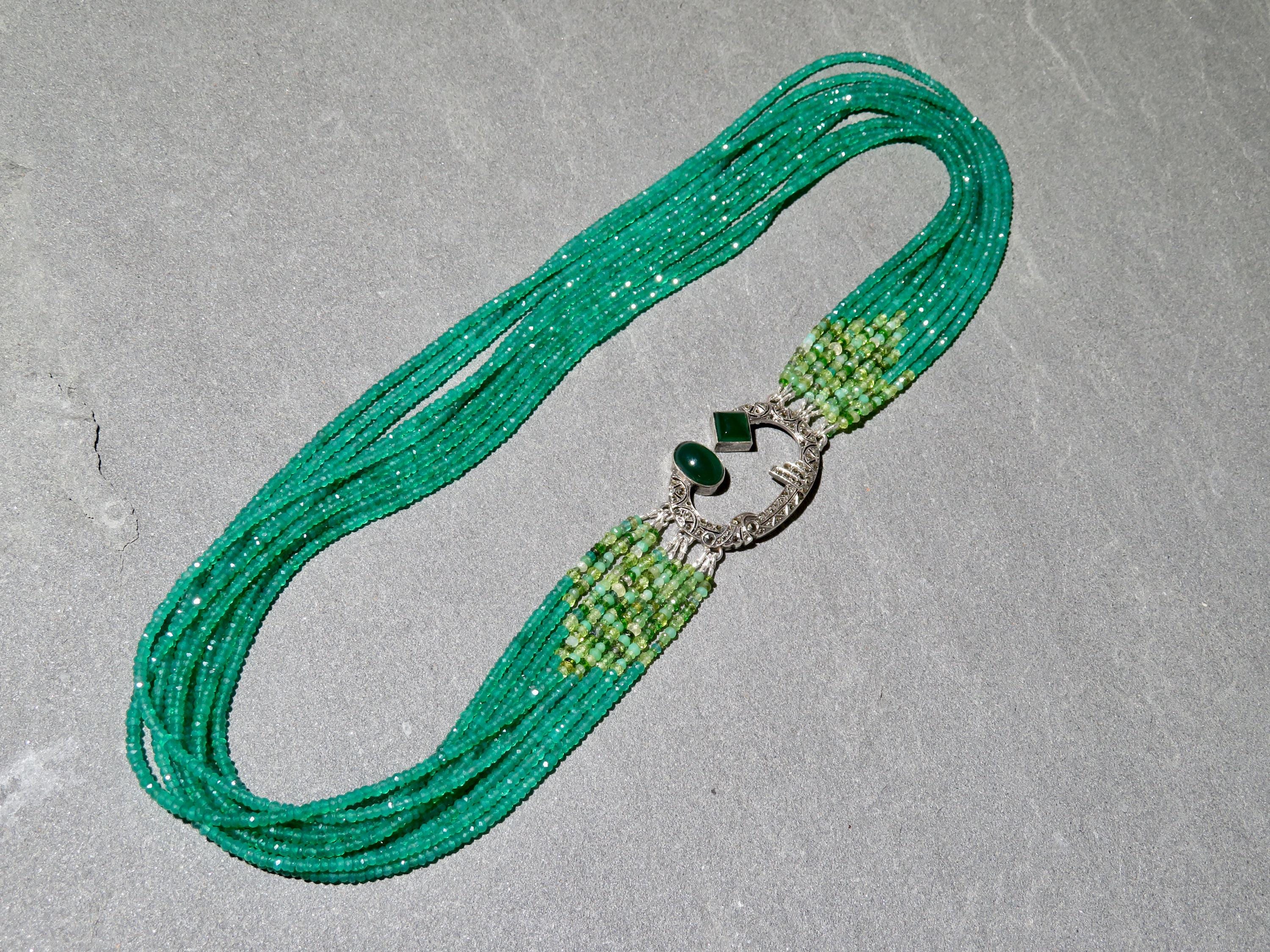 Green Onyx Waterfall Necklace: Repurposed Art Deco Brooch, Sterling Silver