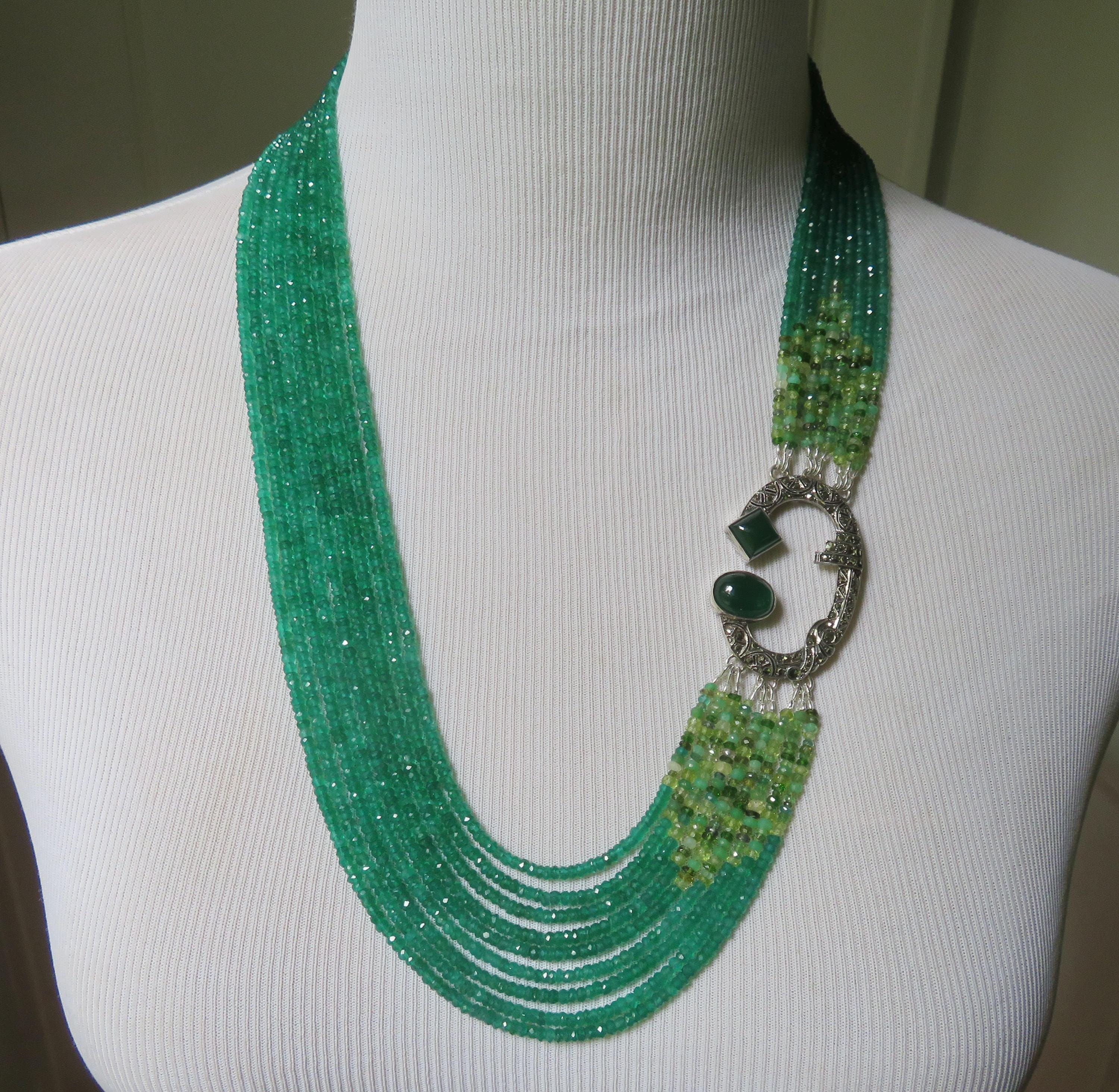 Green Onyx Waterfall Necklace: Repurposed Art Deco Brooch, Sterling Silver