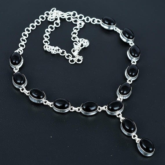 Handmade Black Onyx Necklace: 925 Sterling Silver, Adjustable Chain Handmade Black Onyx Necklace: 925 Sterling Silver, Adjustable Chain