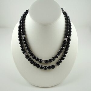 Long Black Onyx Gemstone Bead Necklace with Antiqued Silver Accents 34 Inch Black Onyx Necklace Beaded