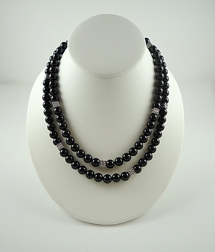 Long Black Onyx Gemstone Bead Necklace With Antiqued Silver Accents 34 Inch Black Onyx Necklace Beaded