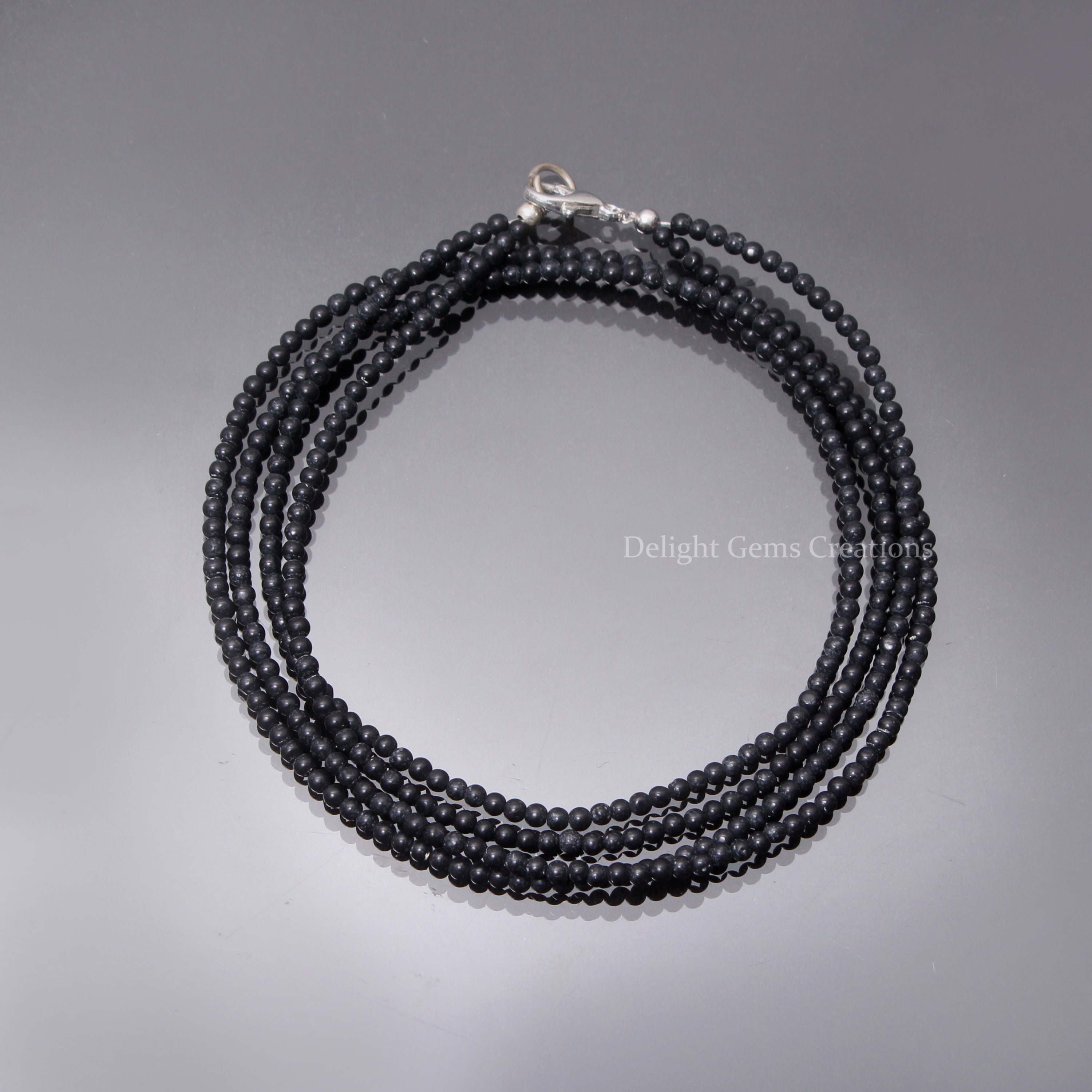 Matte Black Onyx Beaded Necklace, Sterling Silver Clasp