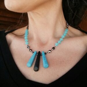 Turquoise Onyx Necklace, Fire Polished Czech Necklace, Magnesite, Color Block, Sterling Silver, 16-18 inch, Black & Blue, READY To SHIP, fwn
