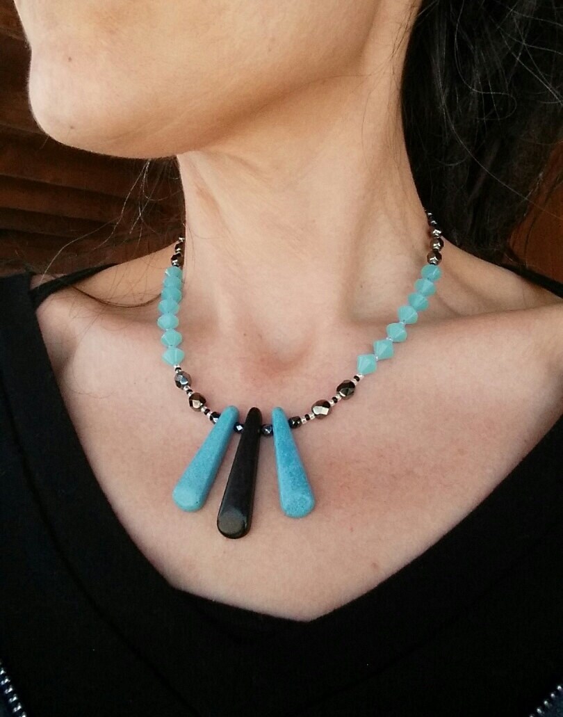 Turquoise Onyx Necklace, Fire Polished Czech Necklace, Magnesite, Color Block, Sterling Silver, 16-18 Inch, Black & Blue, Ready To Ship, Fwn Turquoise Onyx Necklace, Fire Polished Czech Necklace, Magnesite, Color Block, Sterling Silver, 16-18 Inch, Black & Blue, Ready To Ship, Fwn