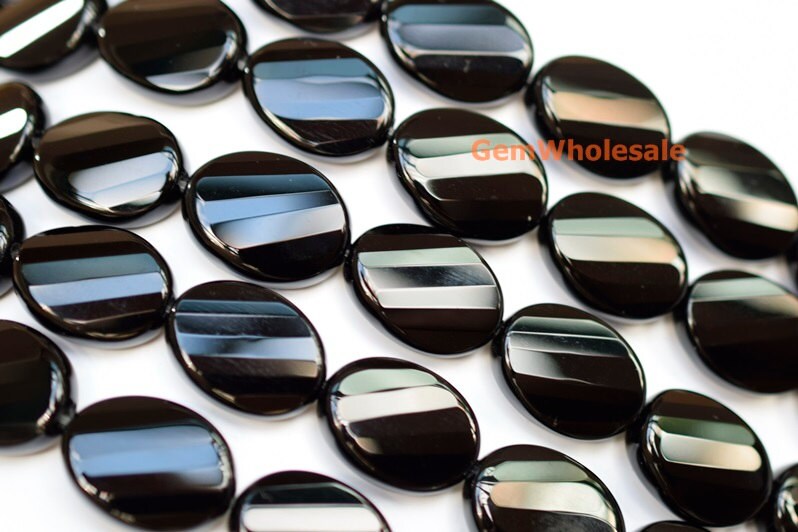 15.5" 15x20mm Black Onyx Sharp Cutting Oval Twisted Beads, Semi-precious Stone,black Color Diy Beads, Jewelry Supply, Faceted Oval Beads