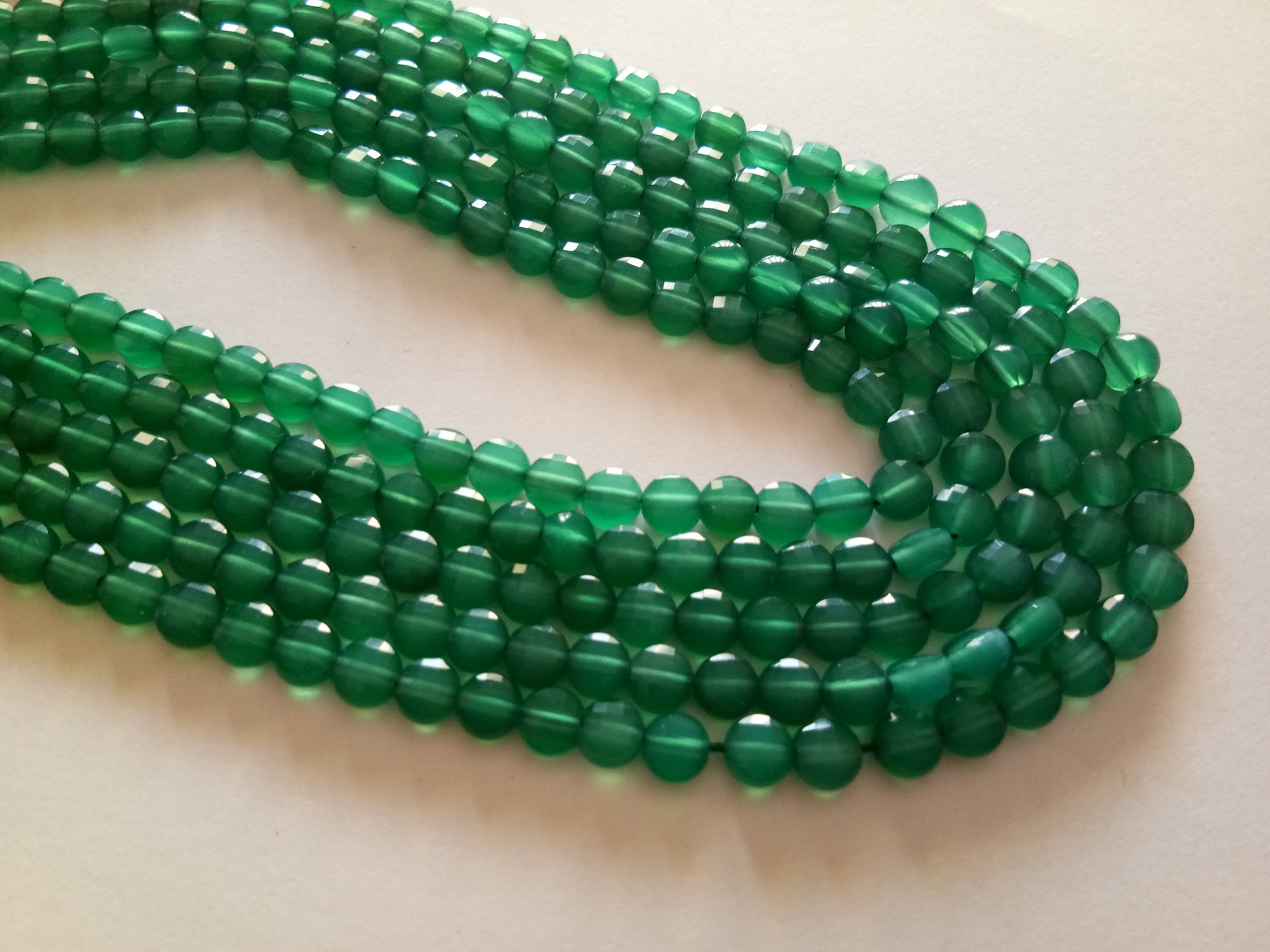 4mm Green Onyx Faceted Coin Beads, Green Onyx Coins For Jewelry, Green Onyx Gemstones, 13 Inch Strand (1st To 5st Options) - Aag64