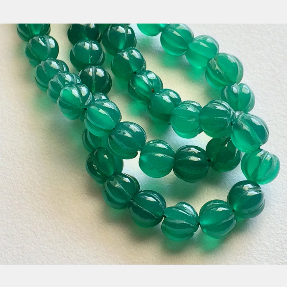 7-7.5mm Green Onyx Pumpkin Beads, Green Onyx Melon, Green Onyx Carved Beads For Jewelry, Green Onyx 24 Pieces Melon Beads - Nnp16