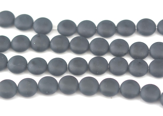 Black Onyx Matte Puffy Coin Beads - Black Gemstone Beads Jewelry Making Supplies - Natural Stone Craft Beads -15 Inch
