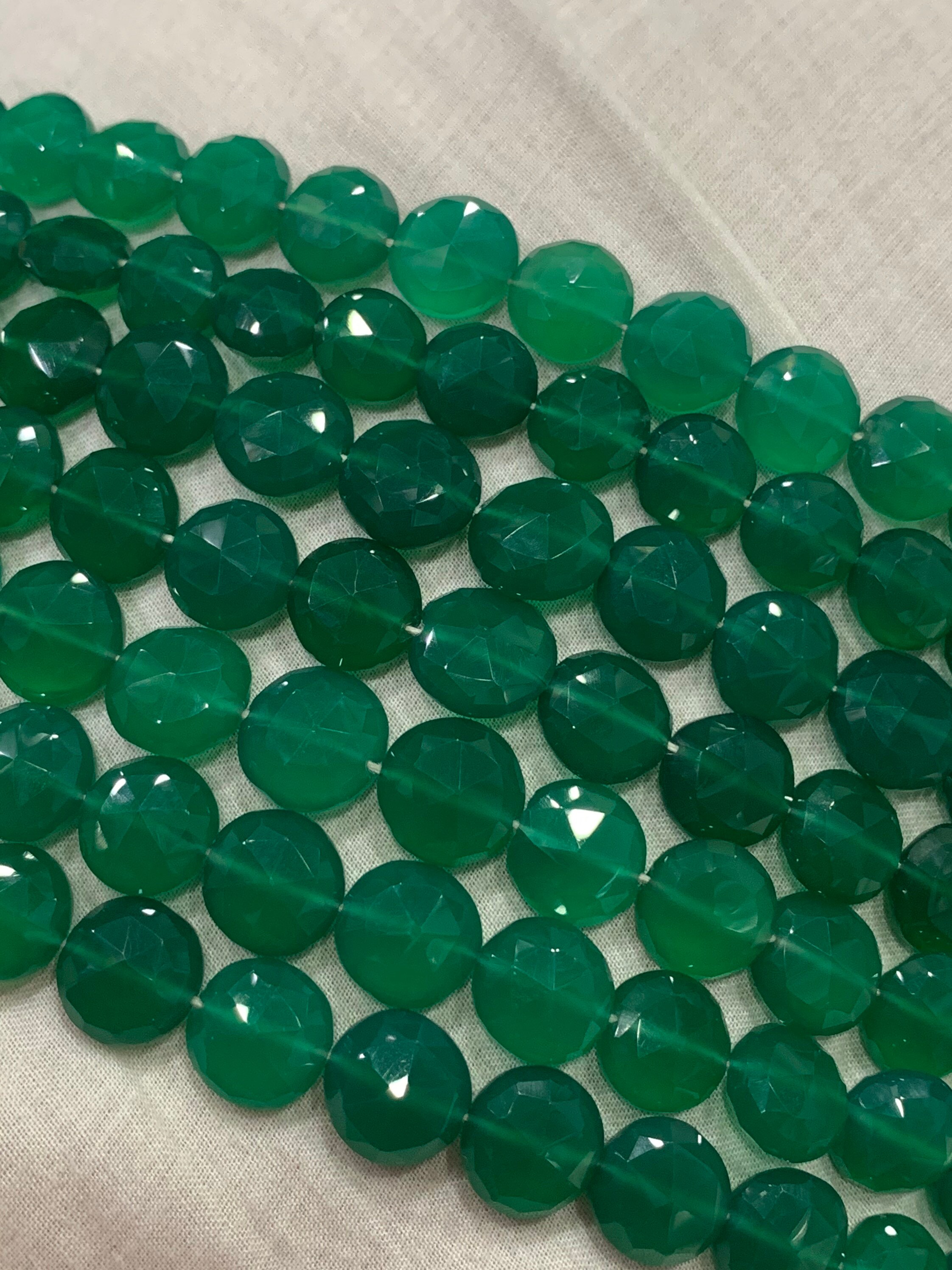 Green Onyx Coin Beads, Faceted, 10 Inch Strand (6/11mm)