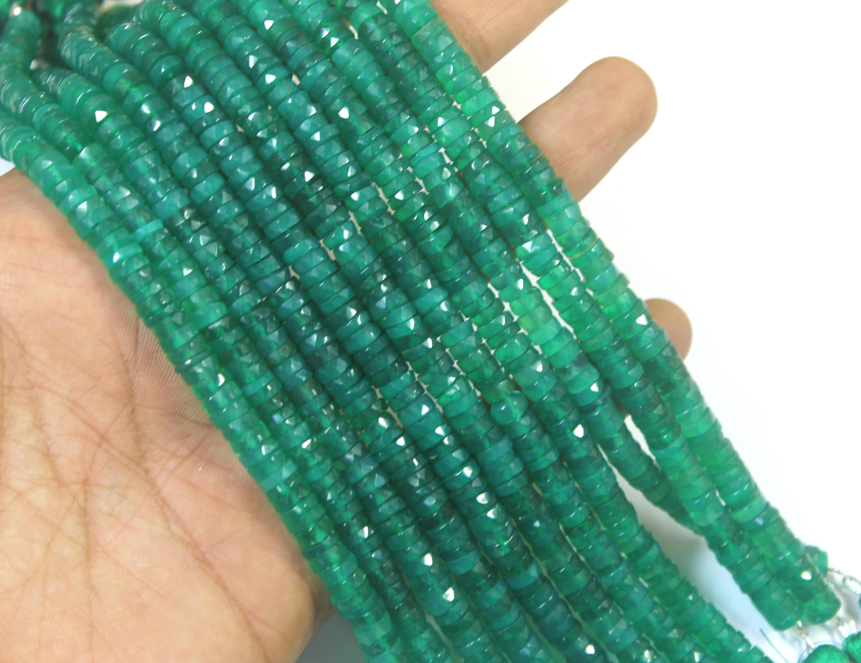 Green Onyx Faceted Tyre Beads: 6-6.5mm Wheel Beads, 8" Strand Green Onyx Faceted Tyre Beads: 6-6.5mm Wheel Beads, 8" Strand