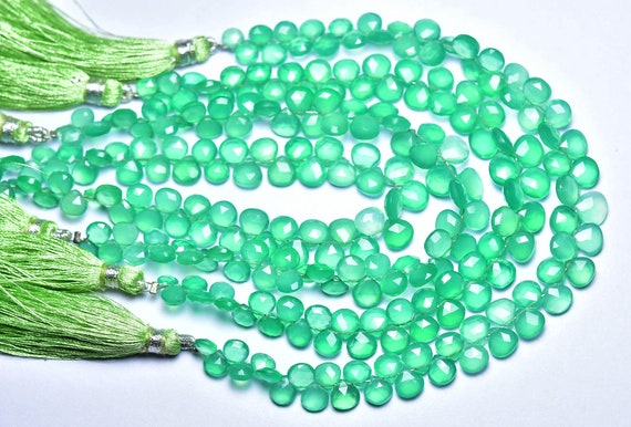 Green Onyx Heart Beads - 7 Inches - Natural Faceted Green Onyx Briolette - Size Is 5 - 6 Mm #2492