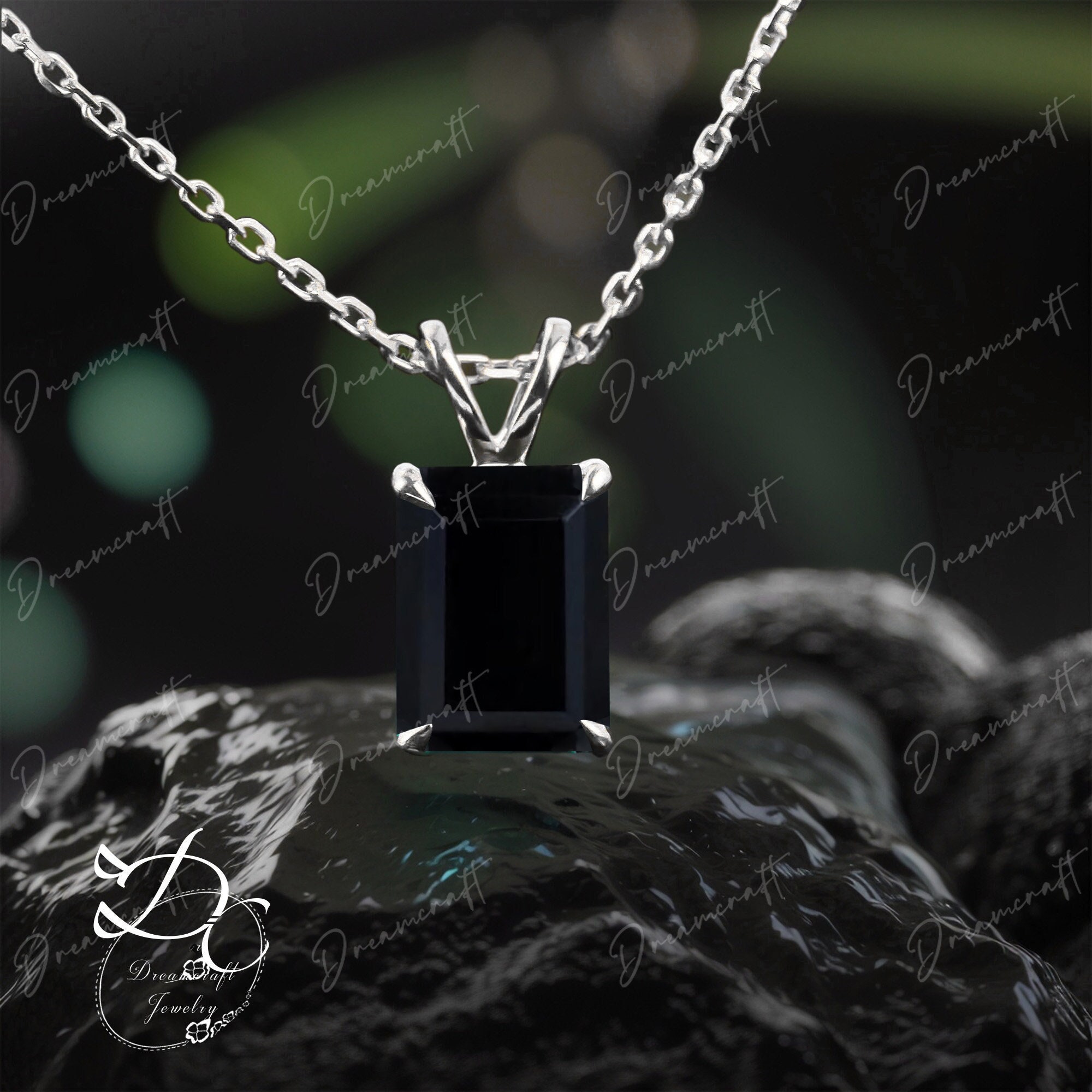 8x11mm Emerald Cut Green Black Onyx Necklace Solid 14k White Gold Unique Solitaire Pendant Women Personalized Necklace Gift Anniversary
