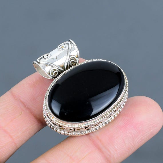 Black Onyx 925 Sterling Silver Pendant - Vintage Handmade Statement Jewelry