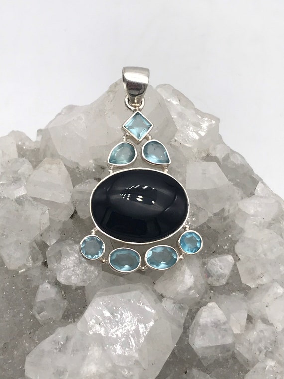 Black Onyx And Blue Crystal Pendant