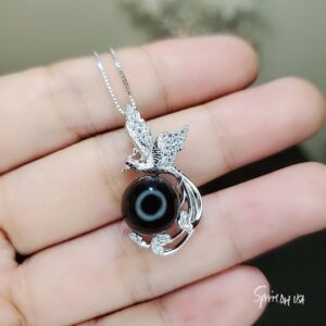 Black Onyx Phoenix Necklace - White Gold Plated Sterling Silver - Gemstone Bird Black Gemstone Pendant #508