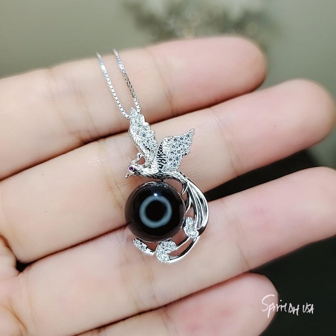 Black Onyx Phoenix Necklace - White Gold Plated Sterling Silver - Gemstone Bird Black Gemstone Pendant #508