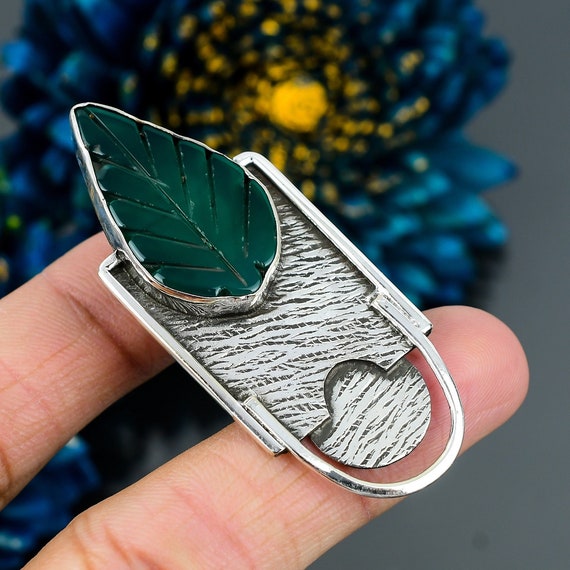 Carved Green Onyx Leaf Pendant: Sterling Silver Handmade Jewelry
