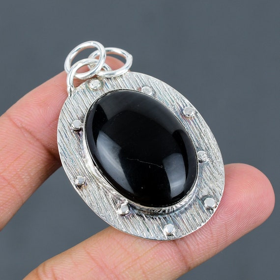 Handmade Black Onyx 925 Sterling Silver Pendant - 18k Gold Plated