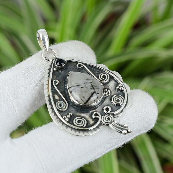 Handmade Black Rutile & Onyx 925 Sterling Silver Pendant