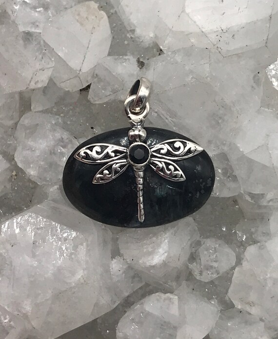 Larvikite Dragonfly And Black Onyx Pendant