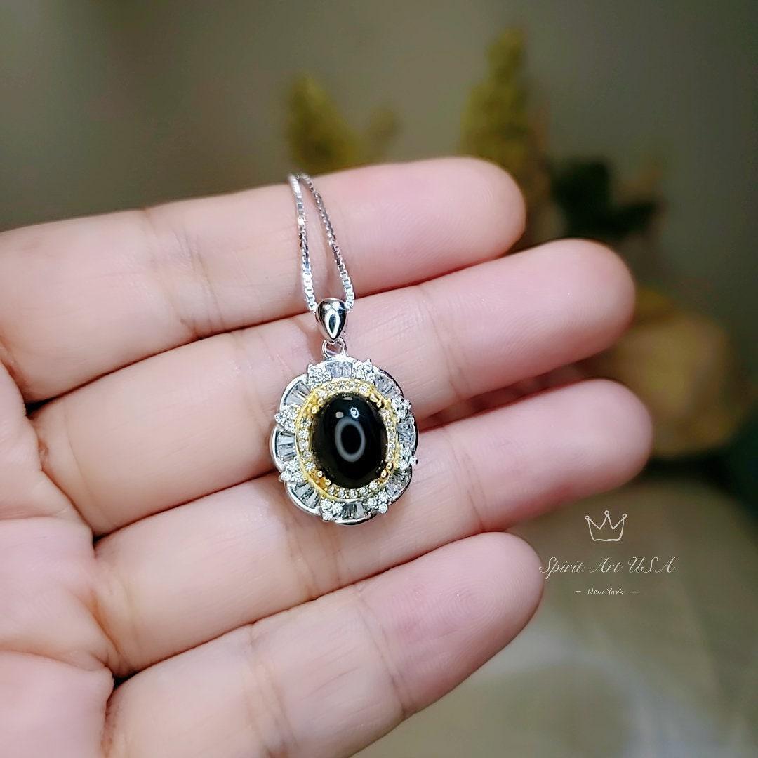 Natural Black Onyx Necklace - Sterling Silver Lotus Flower - Gold Inner Circle Genuine Energy Root Chakra Black Onyx Pendant #546