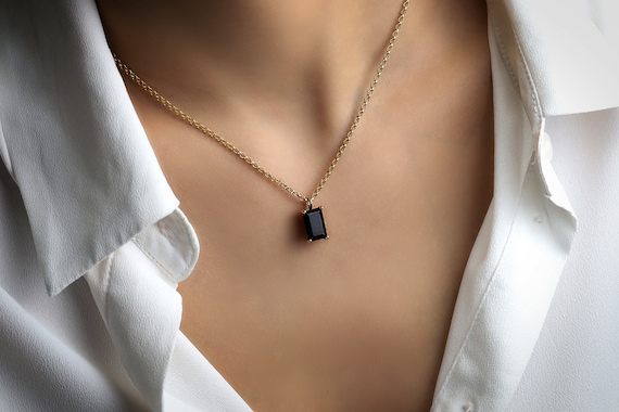 Stunning Rectangle Black Onyx Necklace · Simple Crystal Pendant · Minimalist Necklace · Black Gold Gemstone Necklace