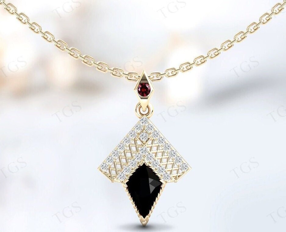 Unique Black Onyx Pendant For Women Kite Shaped Black Gemstone Pendant Vintage Wedding Pendant Art Deco Chevron Style Black Onyx Pendant