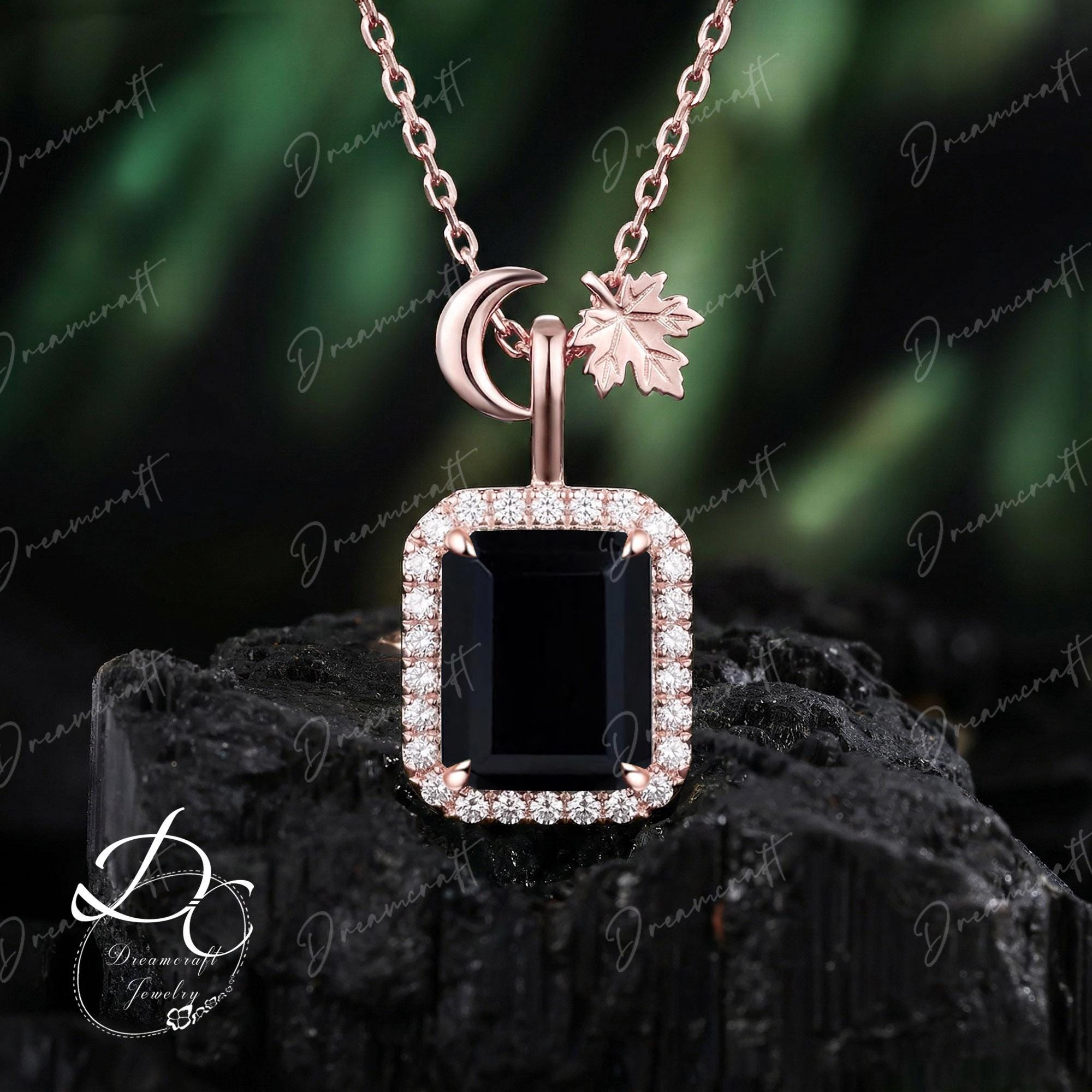 Vintage 4ct Emerald Cut Black Onyx Necklace Maple Leaf Solid 14k Rose Gold Halo Diamond Pendant Women Gemstone Necklace Gift Anniversary
