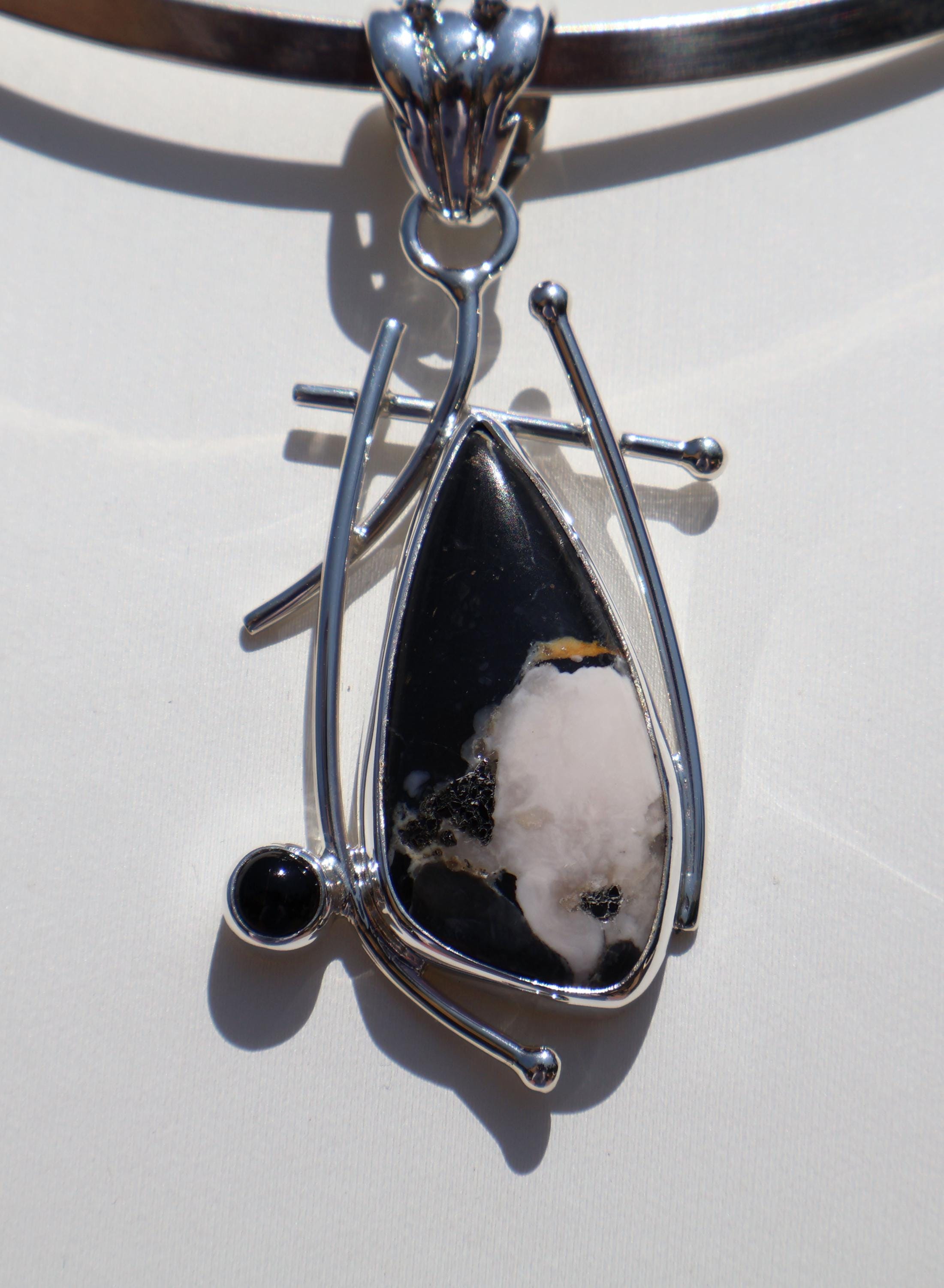 White Buffalo Stone Pendant, With Black Onyx Accent, Unique Sterling Silver Design