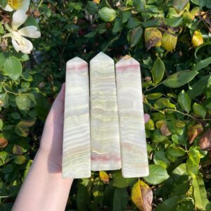 Afghan Light Green Banded Onyx Calcite Crystal Tower Wand Point