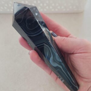 Black Onyx Agate Crystal Wand with Druzy on Stand