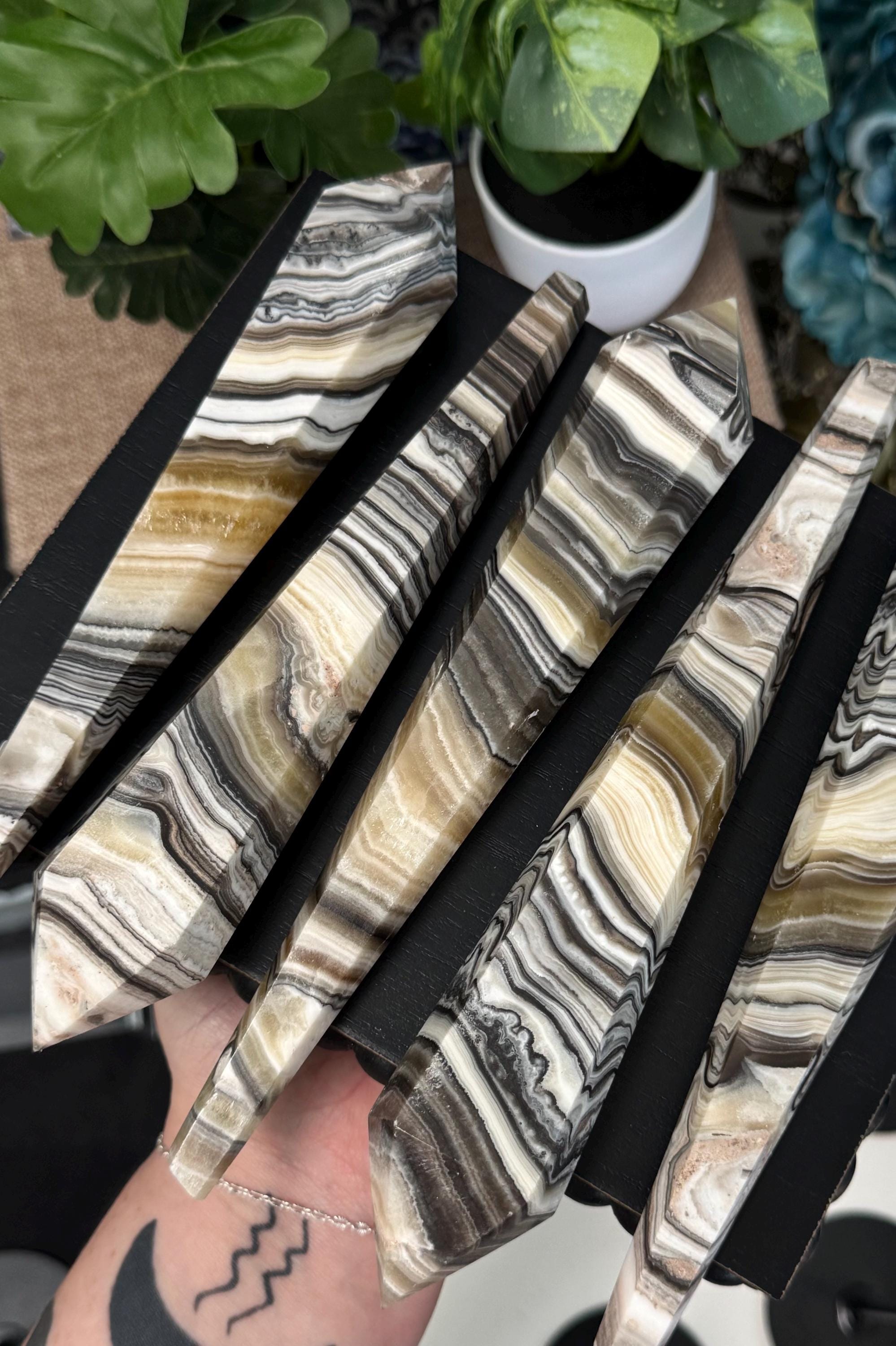 Yellow Banded Honey Calcite And Onyx Wands On Stand