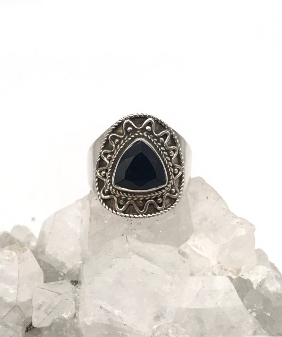Beautiful Faceted Black Onyx Ring, Size 8 1/2