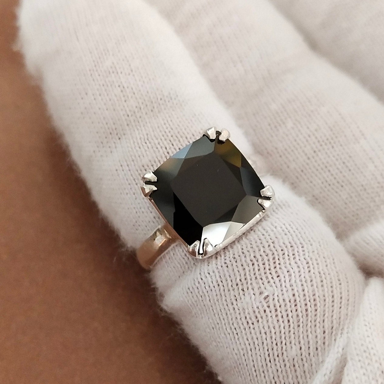 Black Onyx Ring, 925 Sterling Silver Ring, Faceted Black Onyx Ring, Black Onyx Silver Ring, Cushion Cut Black Onyx Ring, Onyx Hand Made Ring