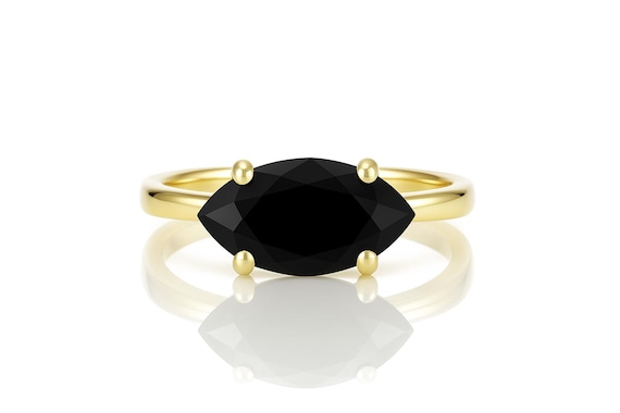 Black Marquise Cut Onyx Ring · Solitaire Marquise Ring · 18k Gold Black Onyx Stack Ring For Women · Delicate Gemstone Rings