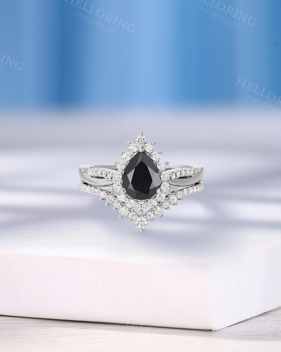 Classic Black Onyx Bridal Ring Set, Moissanite Halo Engagement Ring With Twisted Band, Matching Curved Wedding Band, Custom Promise Ring