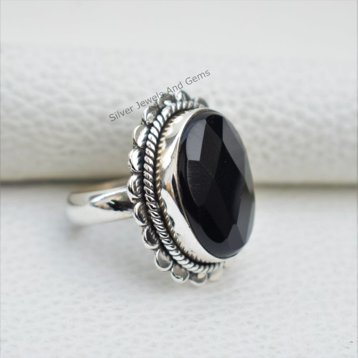 Faceted Black Onyx Ring, Handmade 925 Sterling Silver, December Birthstone Faceted Black Onyx Ring, Handmade 925 Sterling Silver, December Birthstone