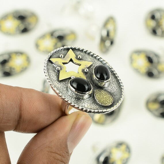 Handmade Black Onyx 925 Sterling Silver Ring: 18k Gold Plated