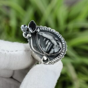 Handmade Chrysanthemum & Black Onyx Ring: Sterling Silver, Size 6.75