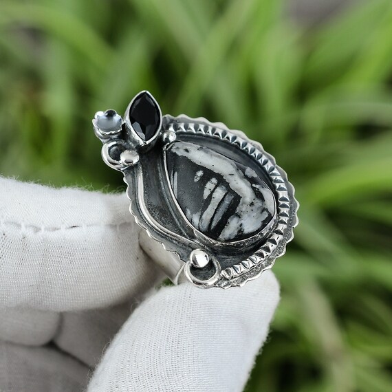 Handmade Chrysanthemum & Black Onyx Ring: Sterling Silver, Size 6.75