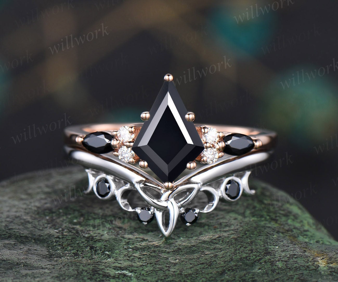 Kite Cut Black Onyx Ring Vintage Unique Engagement Ring Set 14k Rose Gold Moissanite Ring Black Diamond Bridal Wedding Ring Set For Women