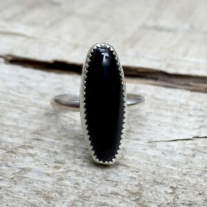 Minimalist Elongated Oval Black Onyx Sterling Silver Statement Ring With Fancy Bezel | Black Onyx Ring | Boho | Rocker | Edgy |
