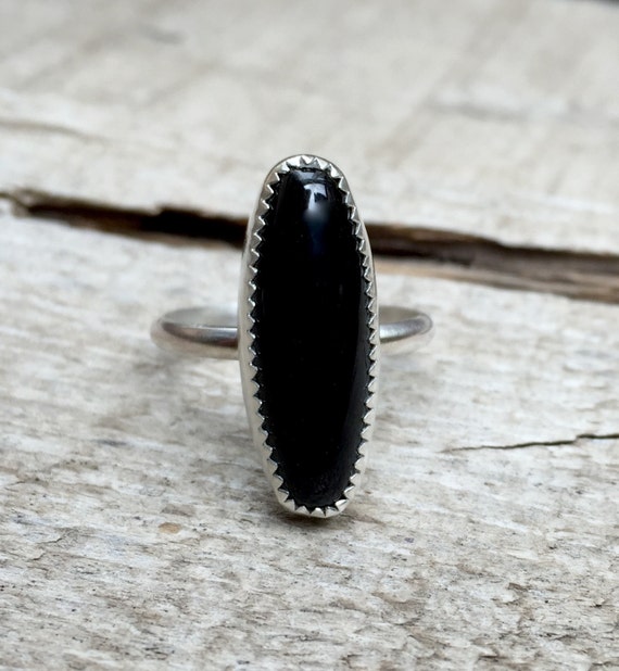 Minimalist Elongated Oval Black Onyx Sterling Silver Statement Ring With Fancy Bezel | Black Onyx Ring | Boho | Rocker | Edgy | Minimalist Elongated Oval Black Onyx Sterling Silver Statement Ring With Fancy Bezel | Black Onyx Ring | Boho | Rocker | Edgy |