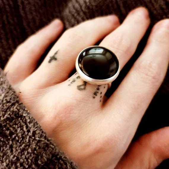 Minimalist Large Round Jet Black Onyx Circle Sterling Silver Statement Ring | Black Gemstone Ring | Edgy | Goth | Rocker | Onyx Ring Minimalist Large Round Jet Black Onyx Circle Sterling Silver Statement Ring | Black Gemstone Ring | Edgy | Goth | Rocker | Onyx Ring