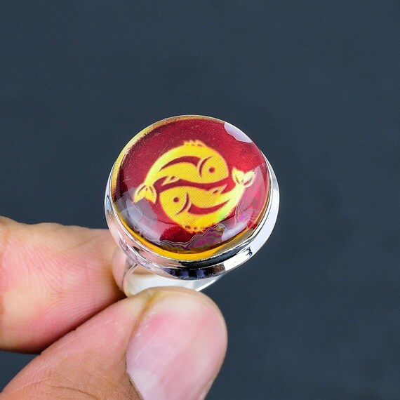 Red Onyx Pisces Ring: 925 Sterling Silver Adjustable Horoscope Jewelry