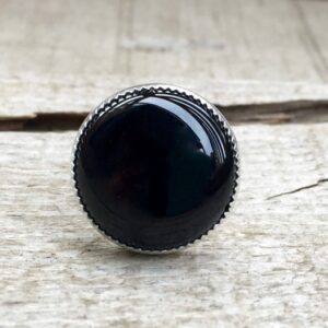 Round Chic Minimalist Black Onyx Ring In Serrated Bezel Setting | Black Gemstone Ring | Boho | Goth | Edgy | Onyx Ring