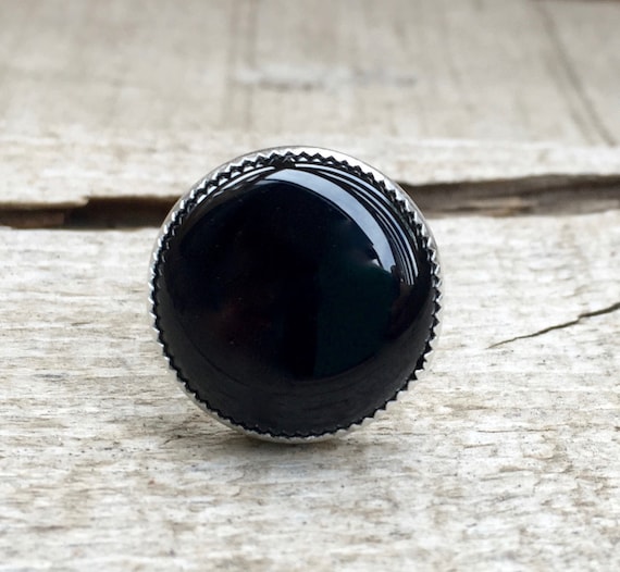 Round Chic Minimalist Black Onyx Ring In Serrated Bezel Setting | Black Gemstone Ring | Boho | Goth | Edgy | Onyx Ring