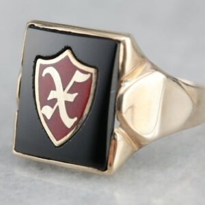 Vintage Men's Ring in 10K Gold, Fine Onyx with Enamel X Inlay