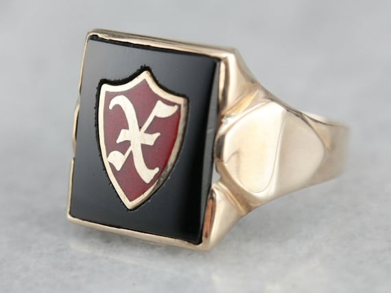 Vintage Men's Ring In 10k Gold, Fine Onyx With Enamel X Inlay