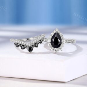 Vintage Pear Black Onyx Halo Engagement Ring, 14K White Gold Ring Set, Pave Wedding Band, Gothic Wedding Rings, Alternative Bridal Ring Set